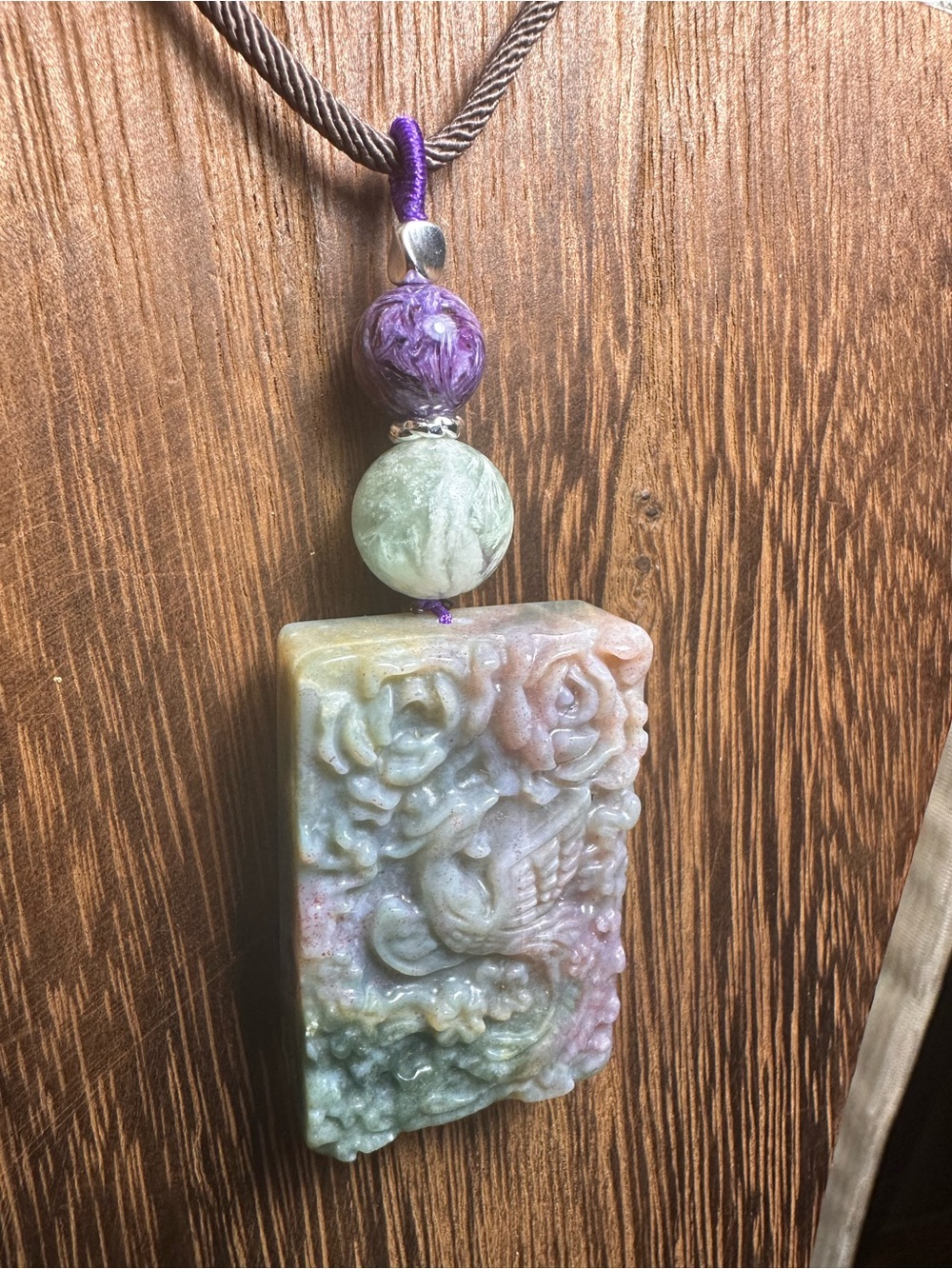 Ocean Jasper Phoenix Pendant Necklace with Feather Fluorite on Brown Rope - Picture 8 of 15